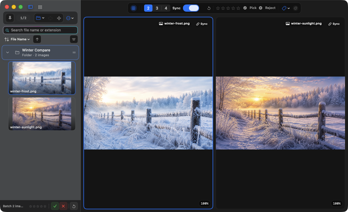 AuroraViewer Compare mode showing two winter photos side by side with synchronized zoom and pan
