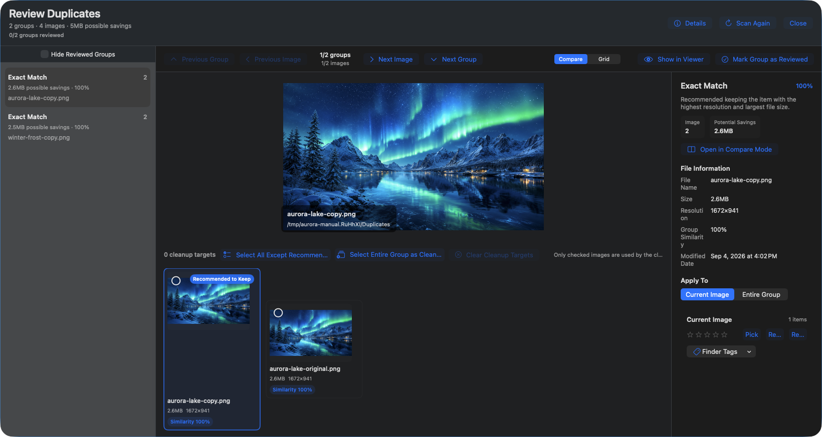 AuroraViewer Review Duplicates window showing two exact-match groups, the recommended keeper, and estimated savings