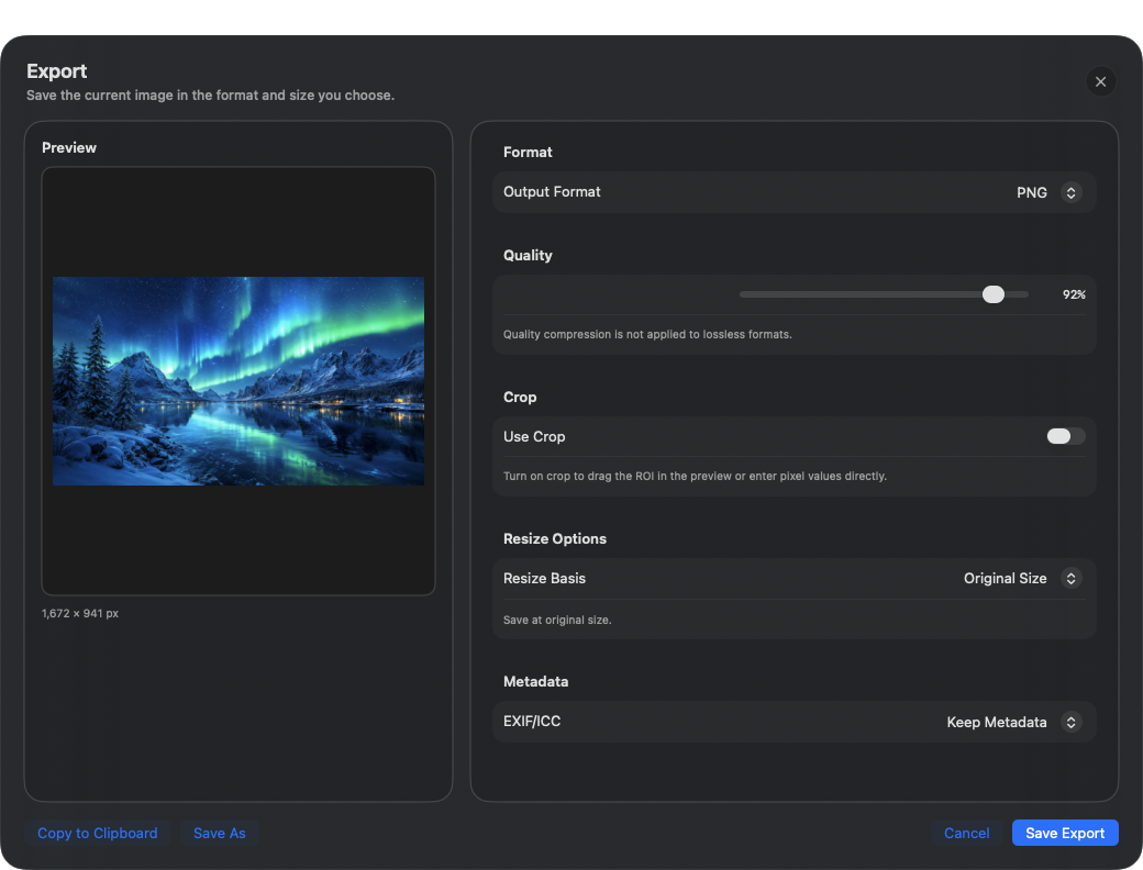 AuroraViewer Export window showing an aurora preview with PNG format, quality, crop, resize, and metadata options