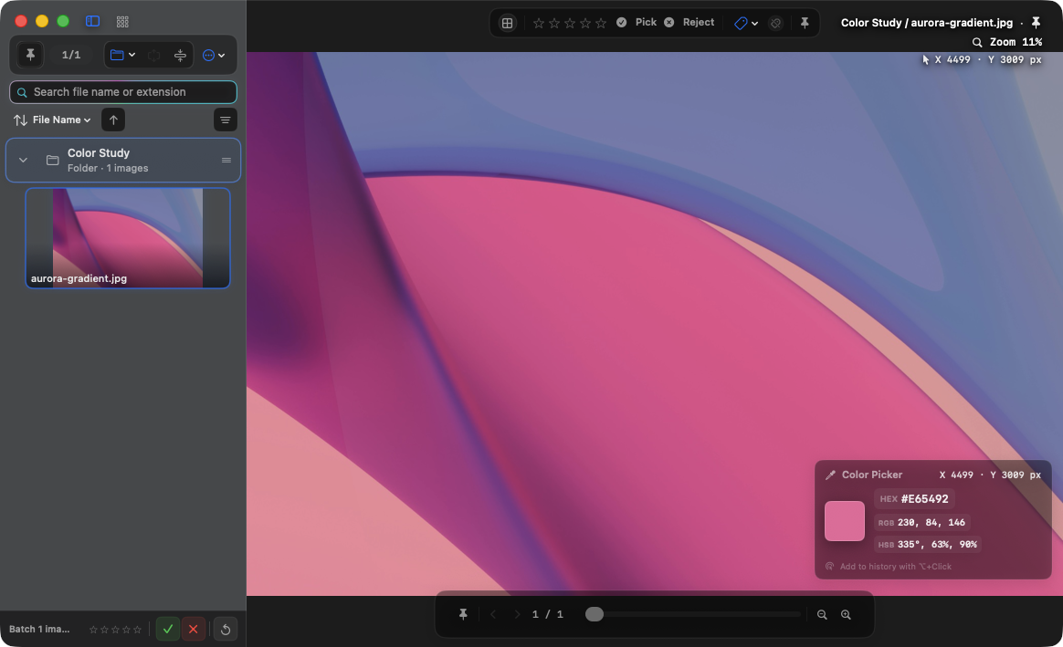 AuroraViewer Color Picker sampling a gradient image and displaying HEX, RGB, and HSB values