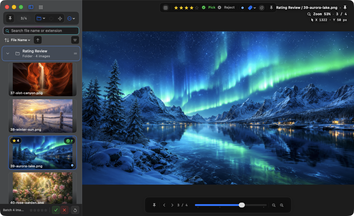 AuroraViewer with a selected aurora photo marked four stars, Pick, and a blue Finder tag