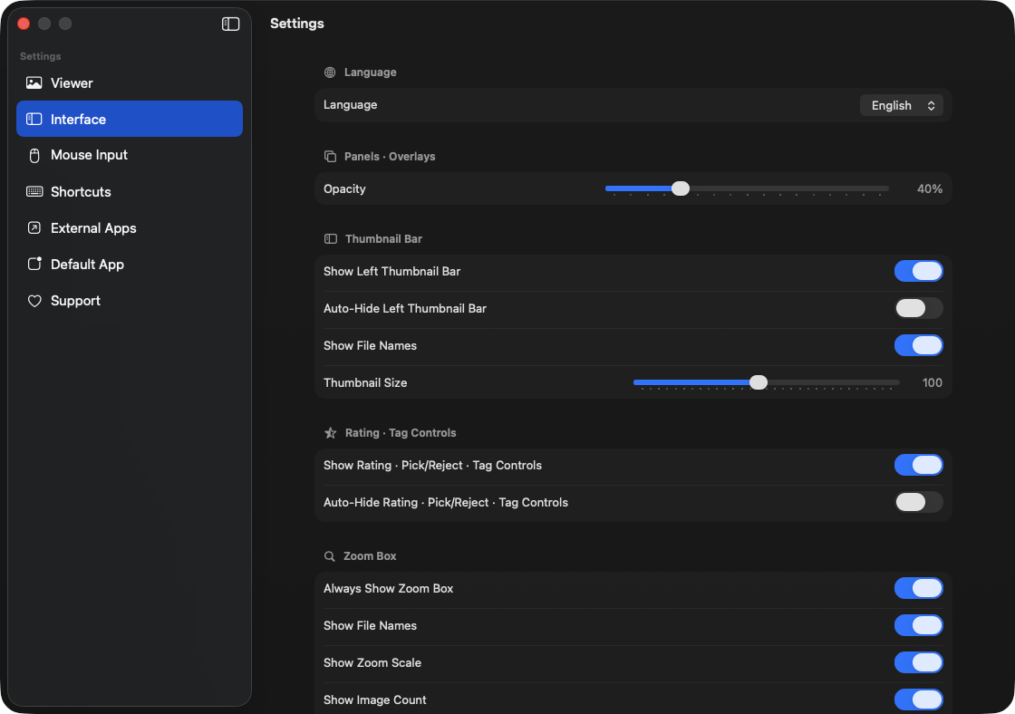 AuroraViewer Interface settings for language, panel opacity, thumbnail bar, rating controls, and zoom box visibility